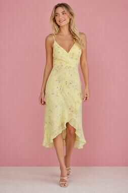 Loft Outlet Dainty Floral Faux Wrap Midi Dress Womens 6 Yellow Ruffled Hi Lo Hem